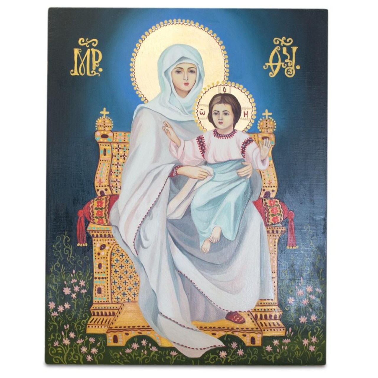 Wooden Plaque Virgin Mary with Jesus Christ Ukrainian Icon 12 Inches